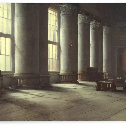 Prompt: painting of a scifi ancient civilzation victorian empty computer room with pillars, andreas achenbach