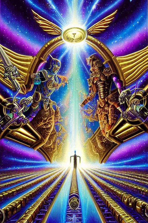 Prompt: a photorealistic detailed cinematic image of iridescent metallic futuristic guardian warrior spirits guiding a departed soul crossing the ornate portal to the afterlife. clean visionary art, powerful, triumph, glory, astonishing, met by friends and family, overjoyed, by pinterest, david a. hardy, kinkade, lisa frank, wpa, public works mural, socialist