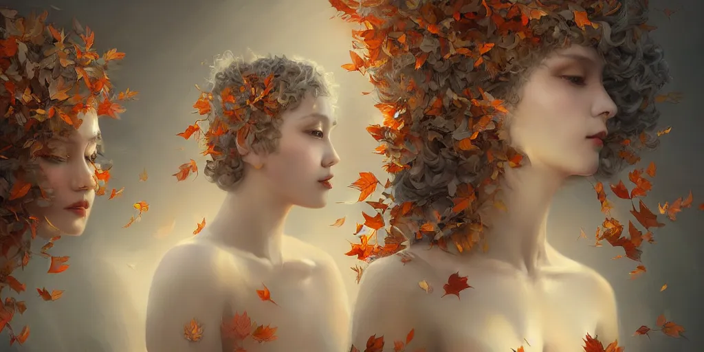 Image similar to breathtaking detailed concept art painting art deco pattern of short hair curly blonde goddesses faces amalgamation autumn leaves, by hsiao - ron cheng and volegov, bizarre compositions, exquisite detail, extremely moody lighting, 8 k