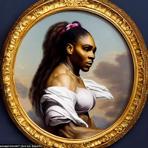 Image similar to Portrait of Serena Williams as Nike Goddess, large wings, luxuriant, dreamy, eternity, romantic, strong pose, highly detailed, in the style of Franz Xaver Winterhalter, highly detailed, in the style of Aetherpunk