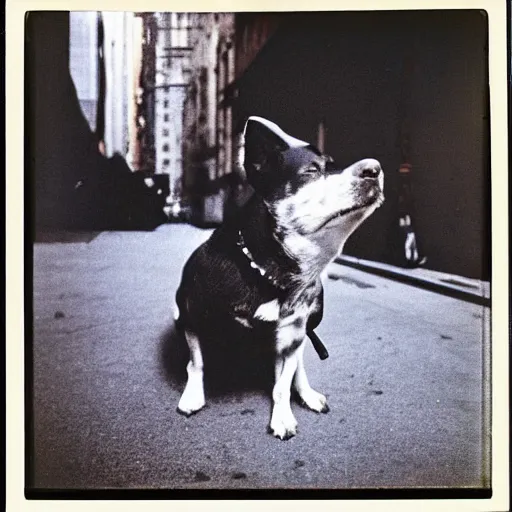 Prompt: wide-shot very low-angle eyesight photo of a dog at the street in New York, polaroid photo, by Andy Warhol, signed