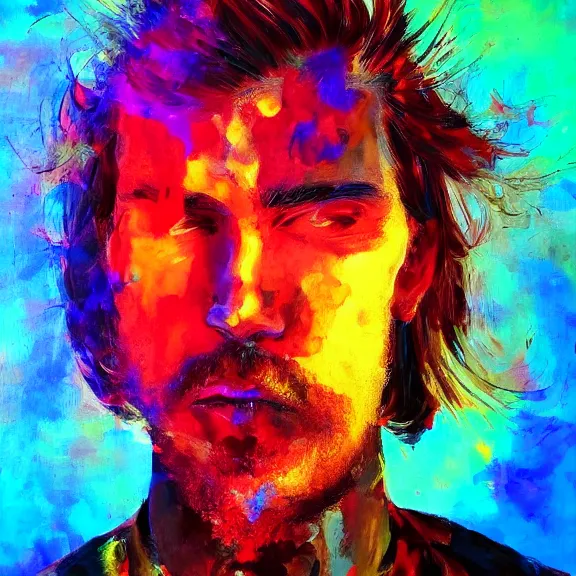 Image similar to abstract painting of man on fire. Handsome. Long hair. portrait. ArtStation. Impressionist. Psychedelic