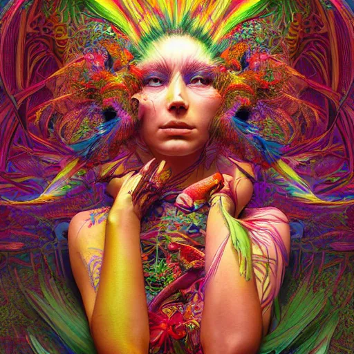 Image similar to A reality bending psychedelic ayahuasca experience, colorful, distorted, surreal, tropical bird feathers, dramatic lighting on the face, intricate, elegant, highly detailed, digital painting, concept art, smooth, sharp focus, illustration, art by Krenz Cushart and Wayne Barlowe and alphonse mucha