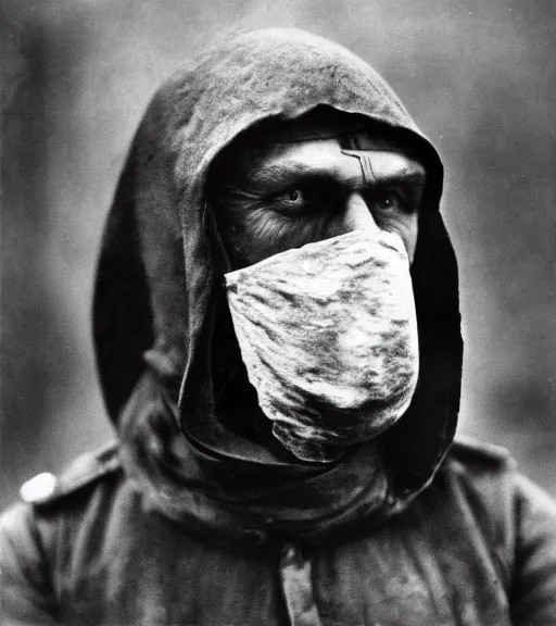 Image similar to a man at wearing hooded mask covering his entire face, distanced, ww1 film photo, grainy, high detail, high resolution