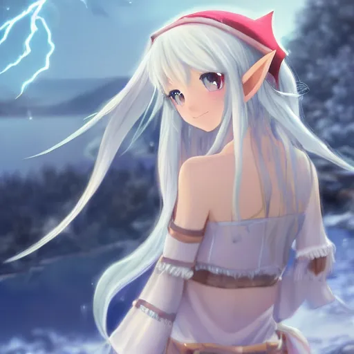 Image similar to a very beautiful anime elf girl, full body, long silver hair with a flower, sky blue eyes, full round face, short smile, casual clothes, ice snowy lake setting, cinematic lightning, medium shot, mid-shot, highly detailed, trending on Artstation, Unreal Engine 4k, cinematic wallpaper by Stanley Artgerm Lau, WLOP, Rossdraws, James Jean, Andrei Riabovitchev, Marc Simonetti, and Sakimichan