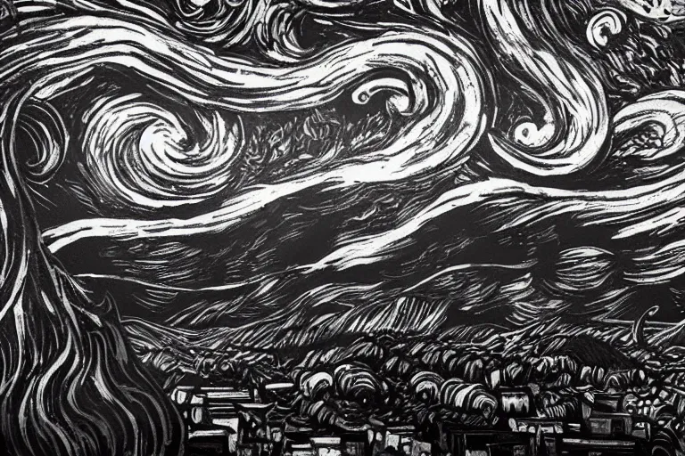 Image similar to man is seeing old god eldritch horror cthulhu terrifying the night sky of a city, epic scene, hyper - detailed, gigantic cthulhu, photo - realistic wallpaper, dark art, van gogh style