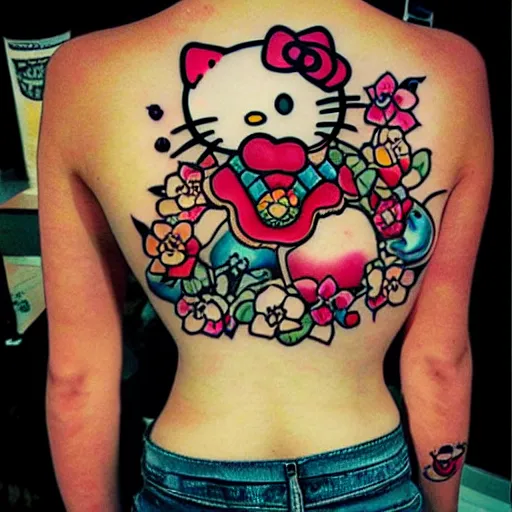 Prompt: beautiful gorgeous tattoo art of hello kitty, extremely intricate, professional art, striking pose, amazing