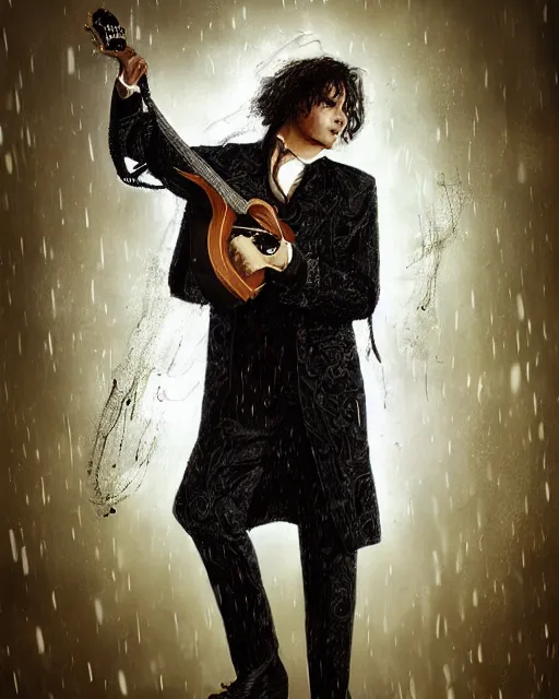 Image similar to a highly detailed portrait of Frank Dillane holding a guitar radiating a powerful energy aura, ornate black tuxedo, wispy tendrils of smoke, intricate, digital painting, old english, raining, sepia, particles floating, whimsical background by marc simonetti, artwork by liam wong