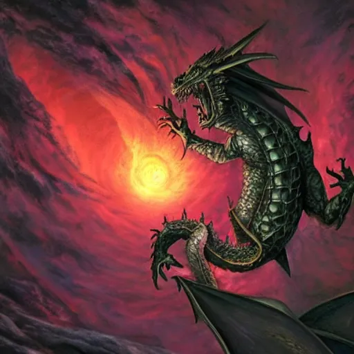 Prompt: a dragon swallowing a planet, nicol bolas, deathwing, diablo, black diablos