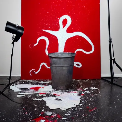 Image similar to a clean studio photography set, there is a bucket of red paint and it has just viciously exploded, there is paint EVERYWHERE, even on the octopus