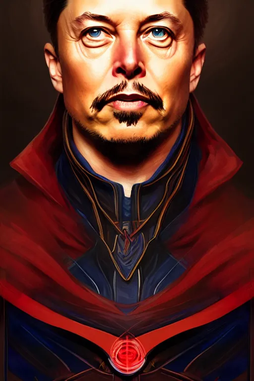 Image similar to elon musk as dr strange, realistic portrait, symmetrical, highly detailed, digital painting, artstation, concept art, smooth, sharp focus, illustration, cinematic lighting, art by artgerm and greg rutkowski and alphonse mucha