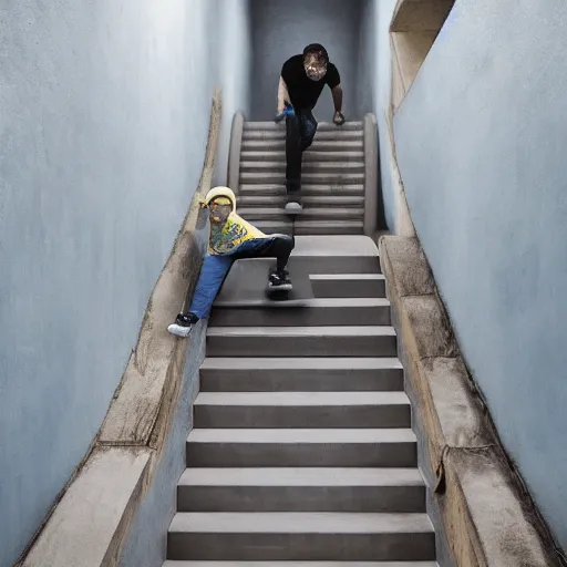 Prompt: Bart Simpson skateboarding down a flight of stairs at home, digital art, Sean Yoro, 4K, 8K