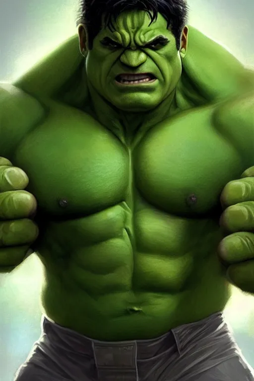 Prompt: Michael Scott as Hulk, Hulk costume, Michael Scott hairstyle, Hulk body type, Michael Scott Face, calm, grumpy, portrait, masculine figure, highly detailed, digital painting, artstation, concept art, smooth, sharp focus, illustration, cinematic lighting, art by artgerm and greg rutkowski and alphonse mucha