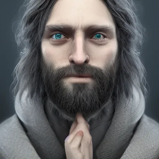 Image similar to a highly detailed portrait of a man without a beard, purple eyes, light gray long hair, wearing a black cloak, artstation, DeviantArt, professional, octane render