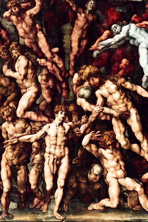 Prompt: a scene of a movie of michelangelo antonioni in the style of the last judgement by michelangelo. technicolor, grandiose, cinematic, 5 0 mm, highly detailed, romantic