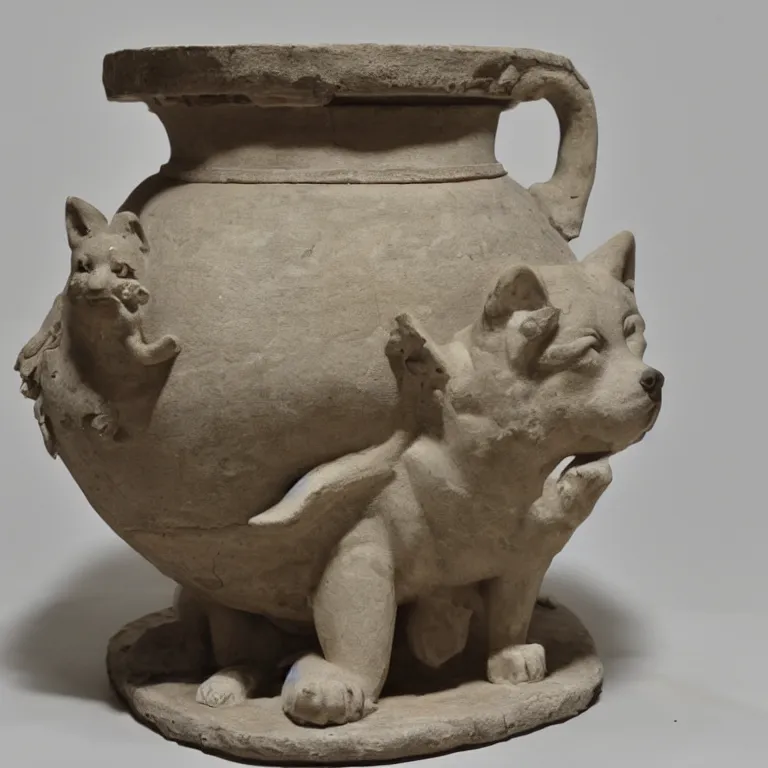 Prompt: ancient greek urn depicting a shiba inu god