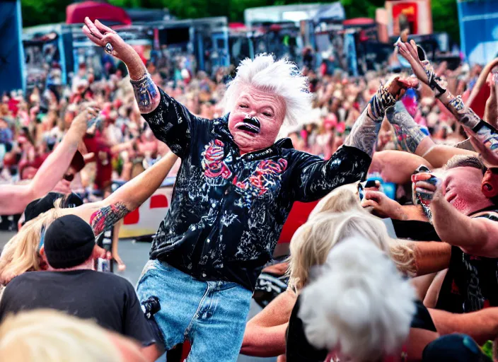 Image similar to photo still of rip taylor at vans warped tour!!!!!!!! at age 6 3 years old 6 3 years of age!!!!!!! stage diving at a crowd, 8 k, 8 5 mm f 1. 8, studio lighting, rim light, right side key light