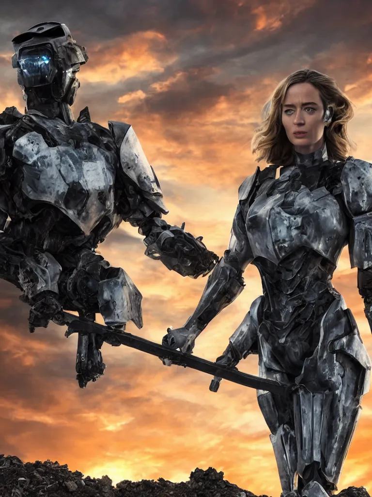 Image similar to emily blunt in futuristic power armor, close up portrait, solitary figure standing atop a pile of rubble, holding a sword on her shoulder, sunset and big clouds behind her