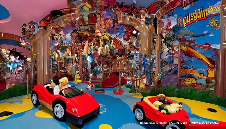 Prompt: 1990s photo of inside the Beanie Baby ride at Universal Studios in Orlando, Florida, children riding in Lamborghini through a Luxurious Mansion, cinematic, UHD