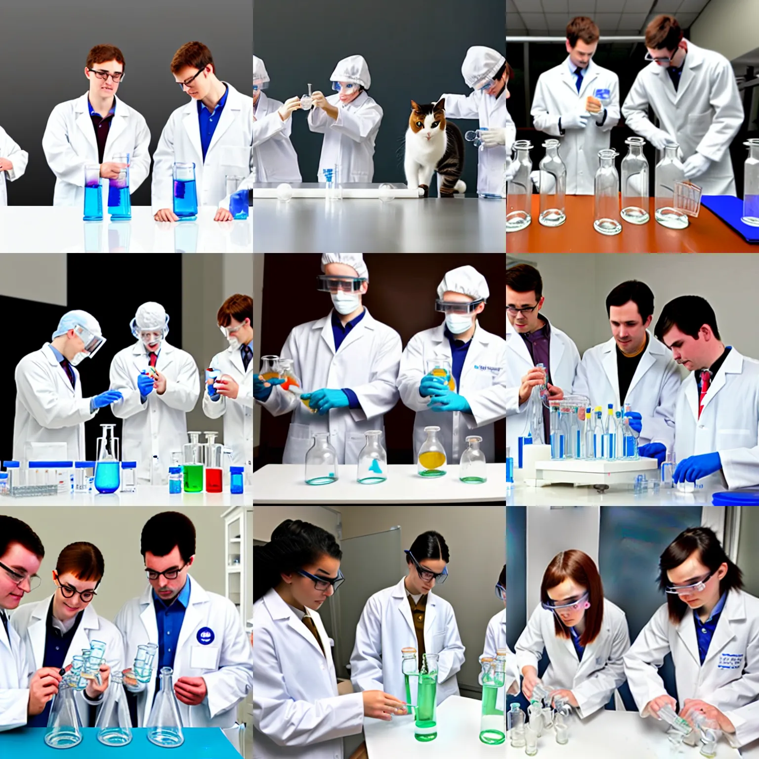 Prompt: a photo of three cats in white lab coats doing chemistry experiments.