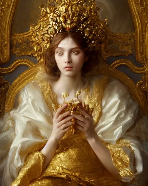 Prompt: 4k cinematic full view ethereal elysian female wearing intricate religious gilded Madonna crown ivory rococo dress sitting on a throne by Ruan Jia by Greg Rutkowski, detailed and realistic, poetic and symbolic, Artstation