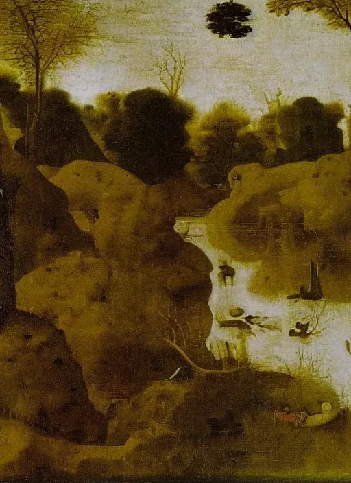 Image similar to into the river, the body seemed to dissolve in water. silver scales, splashed a pointed fin. The water broke ahead obeying the movement of a strong being. medieval painting by Jan van Eyck, Johannes Vermeer, forest