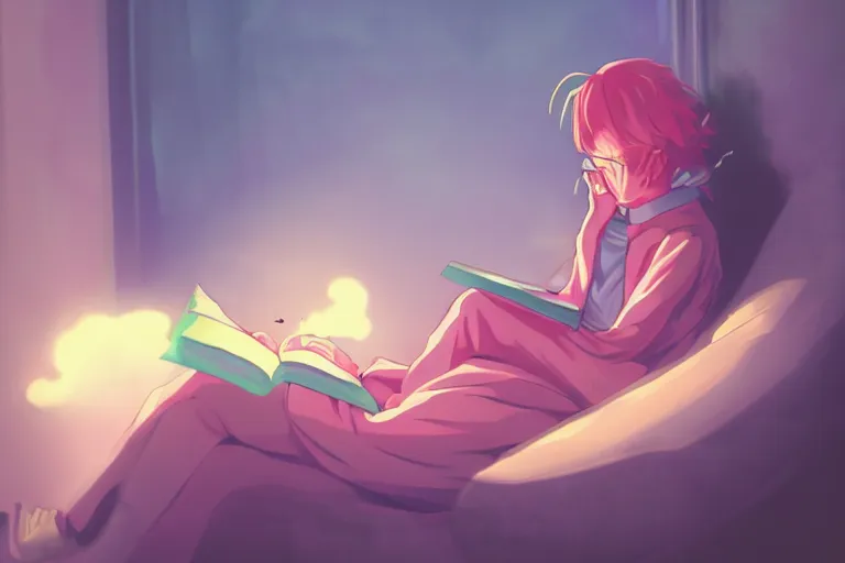 Image similar to an anime wizard reading a book on a cloud relaxing, misty, glows, digital art, hazy, foggy, ambient lighting, 8 k, neon, synthwave,