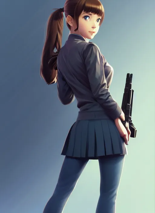 Image similar to movie, full body, cute, female, a pretty alluring girl wearing a school uniform and holding a sniper rifle, symmetry face, photoreal, realistic shaded lighting poster by ilya kuvshinov, katsuhiro otomo, kidmo!!!, trending on artstation, magali villeneuve, artgerm, jeremy lipkin and michael garmash