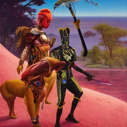 Image similar to a cyberpunk zulu warrior hunting a steampunk lion near a pink lake, by thomas blackshear and android jones, oil on canvas, afrofuturism, 8k