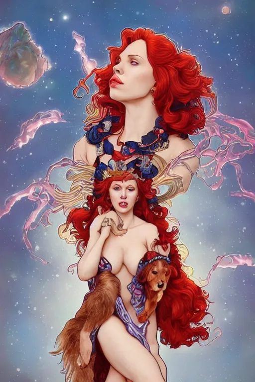 Image similar to celestial scarlett johansson as anthropomorphic irish setter, by artgerm and yoshitaka amano and moebius and alphonse mucha, hyperdetailed, dc comics, ornate, nebula, explosions in the sky, trending on artstation