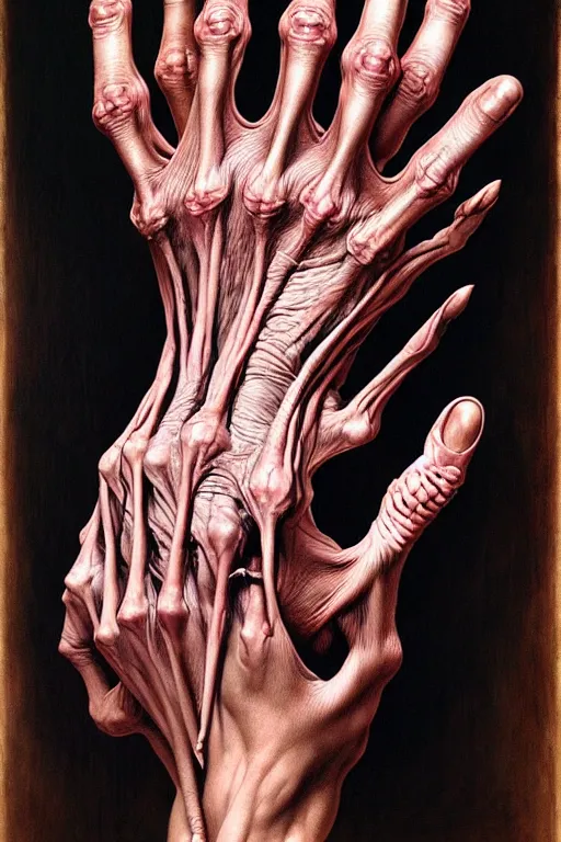 Image similar to human hand artists anatomy in the style of wayne barlowe, gustav moreau, goward, bussiere, roberto ferri, santiago caruso, luis ricardo falero, dali