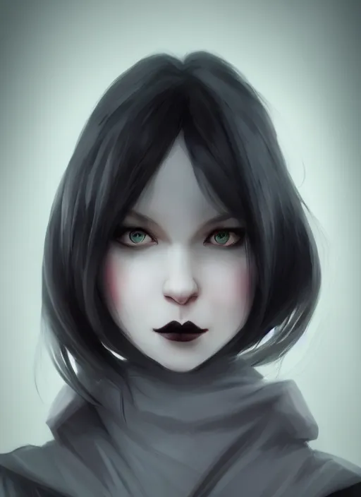 Prompt: long face, sharp features, girl, portrait, devil smile, grey eyes, black hair, dark cloak, dnd, cinematic light, pastel colors, volumetric shading, high radiosity dull skin, global illumination, radiant light, soft light, soft color dodge, subsurface scattering