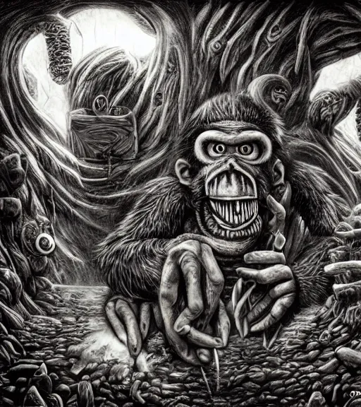 Image similar to lovecraftian donkey kong by wayne barlow, stanley donwood, anton semenov, zdzislaw bekinski, hr giger, 8 k, fantasy, dark, highly detailed