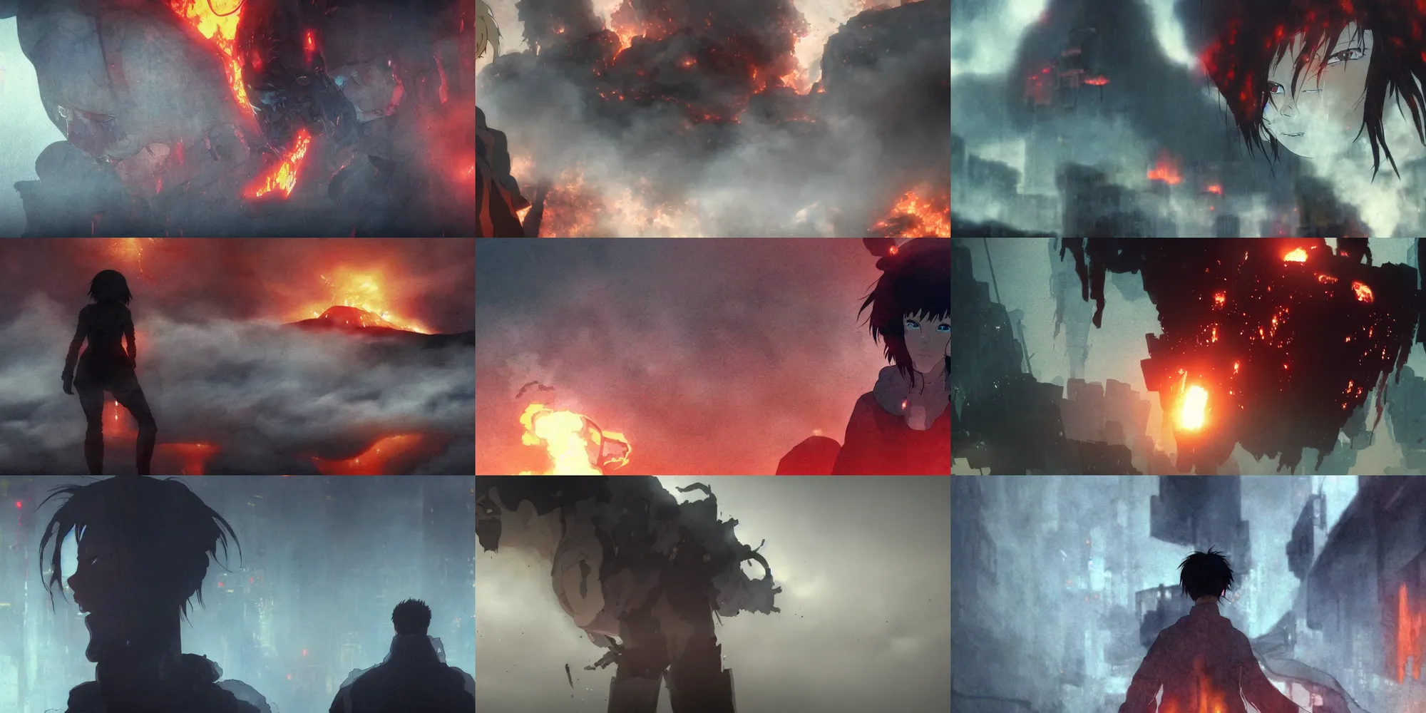 Prompt: incredible close up screenshot, ultrawide, simple water color, paper texture, katsuhiro otomo ghost in the shell anime movie scene, backlit death defying action shot girl in parka, hellscape, hell!!!! mount doom, earthquake destruction, reflection, thick fog, smoke, destroyed robots, blazing fire, burning inferno