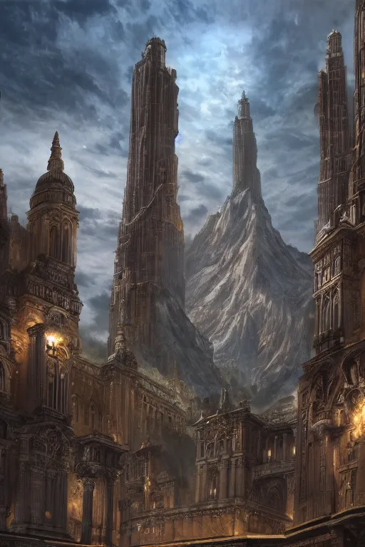 Prompt: gigantic palace, adorned pillars, towers, landscape, alex ross, neal Adams, david finch, concept art, matte painting, highly detailed, rule of thirds, dynamic lighting, cinematic, detailed, denoised, centerd