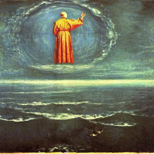 Prompt: The Pope levitating over the sea. El Greco, Remedios Varo, Salvador Dali, Carl Gustav Carus, John Atkinson Grimshaw. Blue tint. Symetrical, logo, geometric shapes.