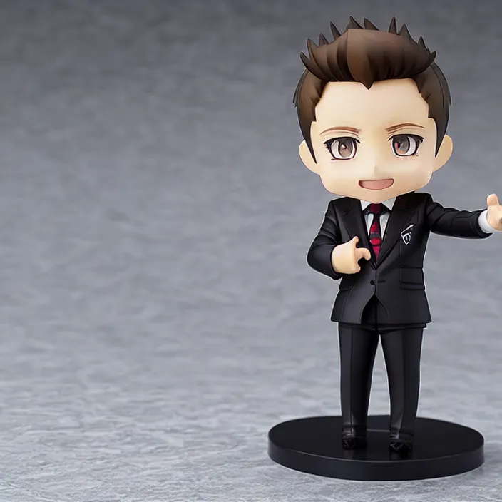 Prompt: a anime nendoroid of elon musk wear giorgio armani suits and black shoe, car tesla 3, figurine, smile, product photo, detailed