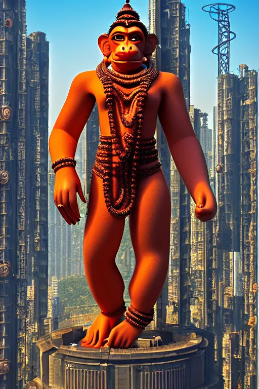 Image similar to high quality 3 d cyberpunk biomorphic hanuman! head building in the middle of mumbai!!, highly detailed, cinematic smooth, stephen shore & john j. park, soft morning light, wide shot, high angle, uhd 8 k, sharp focus