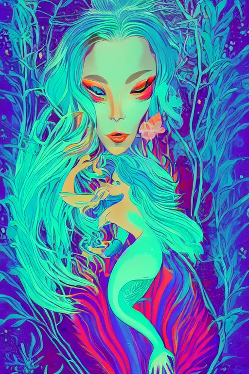 Image similar to a beautiful psychedelic mermaid with a beautiful fin, symmetrical features, cinematic lighting, soft bokeh, fantasy, modern, colourful, highly detailed, digital painting, artstation, deviantart, concept art, sharp focus, illustration, by alphonse eyvind earle