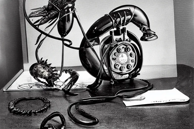 Image similar to Salvador Dali’s surrealist object Lobster Telephone (also known as Aphrodisiac Telephone), a black rotary telephone with a lobster for the handset