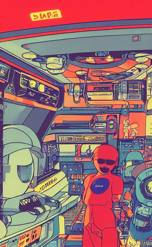 Image similar to spaceship in a gas station in space, sharp focus, satoshi kon, sci - fi, print, risograph, cinematic, game art