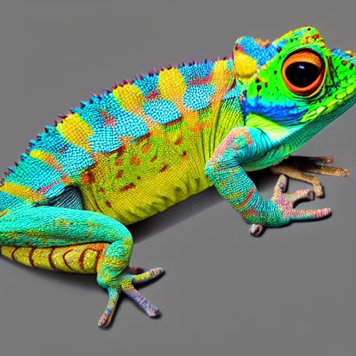 Image similar to cute chameleon with colorful heart pattern on scales detailed 3 d 4 k painting