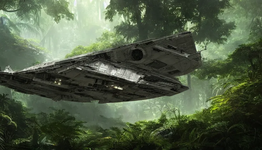 Image similar to a beautiful painting of a crashed millennium falcon in a lush jungle, ray traced lighting by george lucas and greg rutkowski