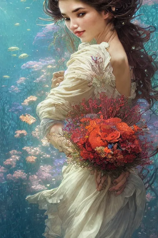 Image similar to portrait of a beautiful mysterious woman holding a bouquet of flowing flowers, hands hidden under the bouquet, submerged underwater filled with coral reef, fantasy, regal, intricate, by stanley artgerm lau, greg rutkowski, thomas kindkade, alphonse mucha, loish, norman rockwell