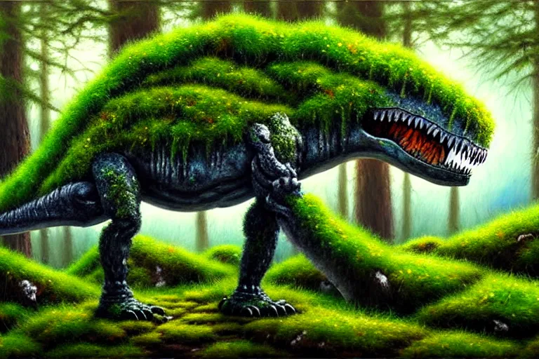 Prompt: highly detailed oil painting of a mossy tire sculpture of a tyrannosaurus in the forest, featured on pixiv