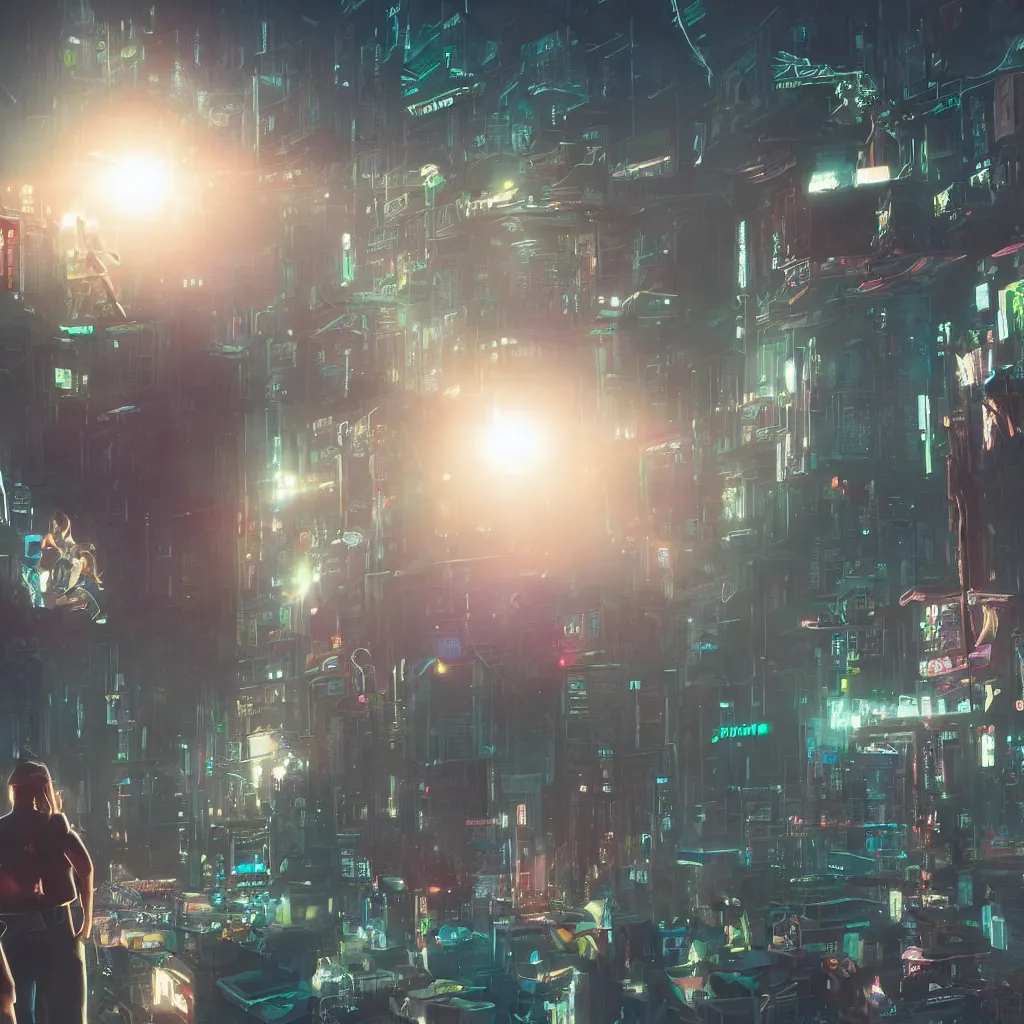 Prompt: a cinematic composition depicting : we're overlooking translucid crystal android being, whos is behind their heads up display viewing out of their window how a high tech lush solarpunk tribe collaborating with their technologic android helpers encroaching a cyberpunk town at sunrise