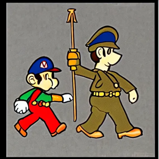 Image similar to mario as prison camp guard marching, wwii, officers uniform, cartoon style