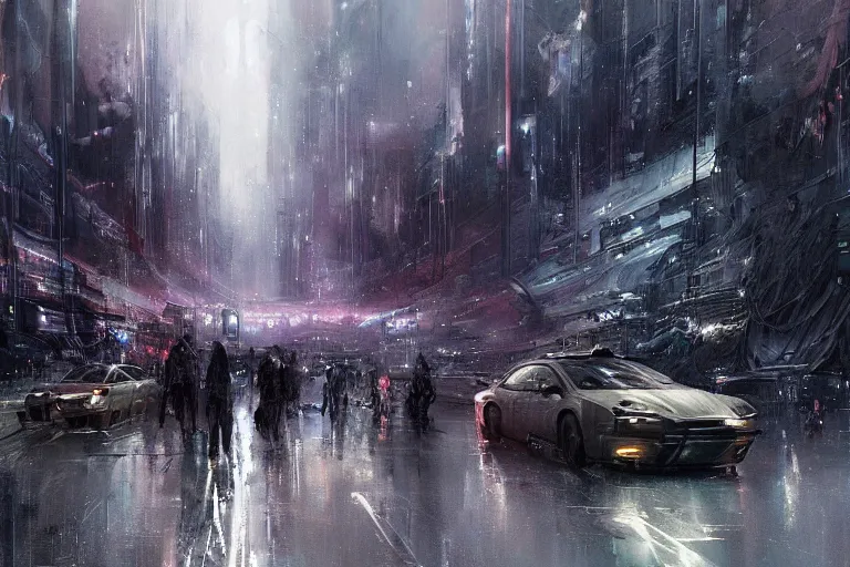 Prompt: sci - fi landscape dark crowded people vehicle overcast rainstorm by wadim kashin