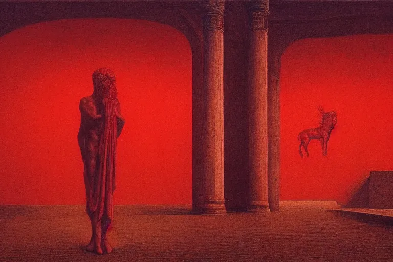 Image similar to only with red, caesar after war, the great deal, a red tiger, in hoc signo vinces, rome in background, an ancient path, in the style of beksinski, part by hopper, part by rodcenko, part by hofbauer, intricate composition, red by caravaggio, insanely quality, highly detailed, masterpiece, red light, artstation