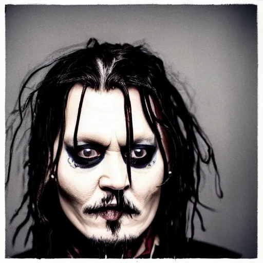 Image similar to portrait of johnny depp as a goth metal band member, half face mask, symmetrical, nikon 3 5 mm photography, ultrarealistic